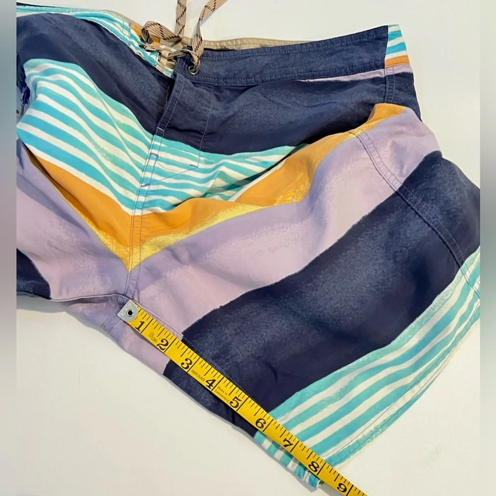 Patagonia Swim Board Shorts Trunks Mens 34 Blue Orange Striped Beach zip Pocket